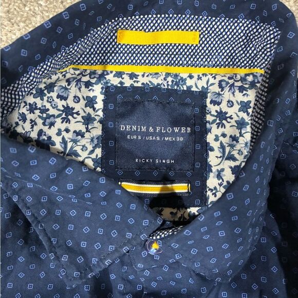 Denim & Flower Ricky Singh Men’s Slim Fit Shirt Navy Geometric Print Long Slv Sm - Picture 2 of 8